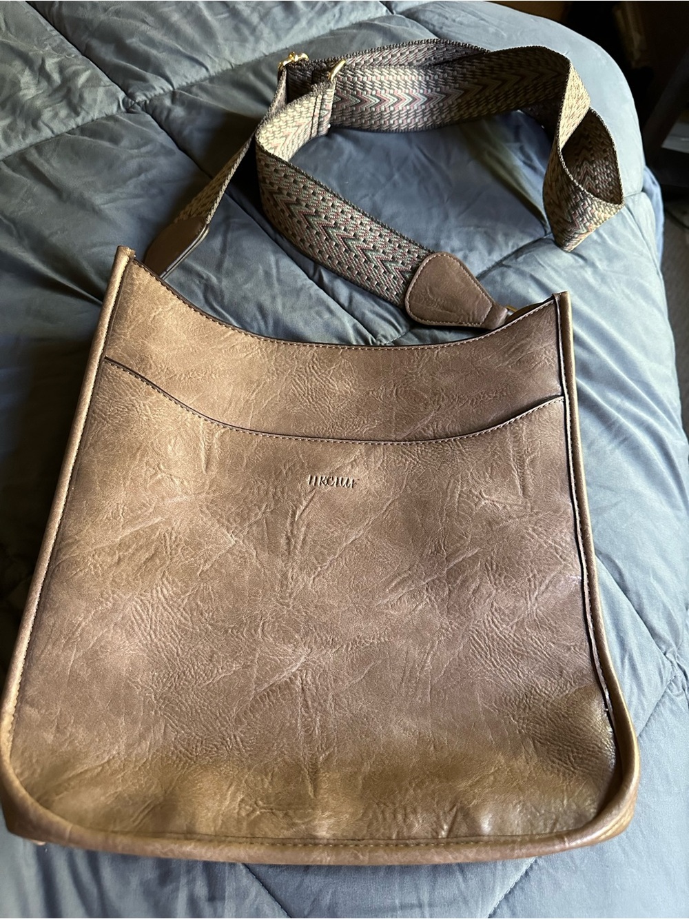 Source Unknown Brown Faux-Leather Messenger Bag with Patterned Strap